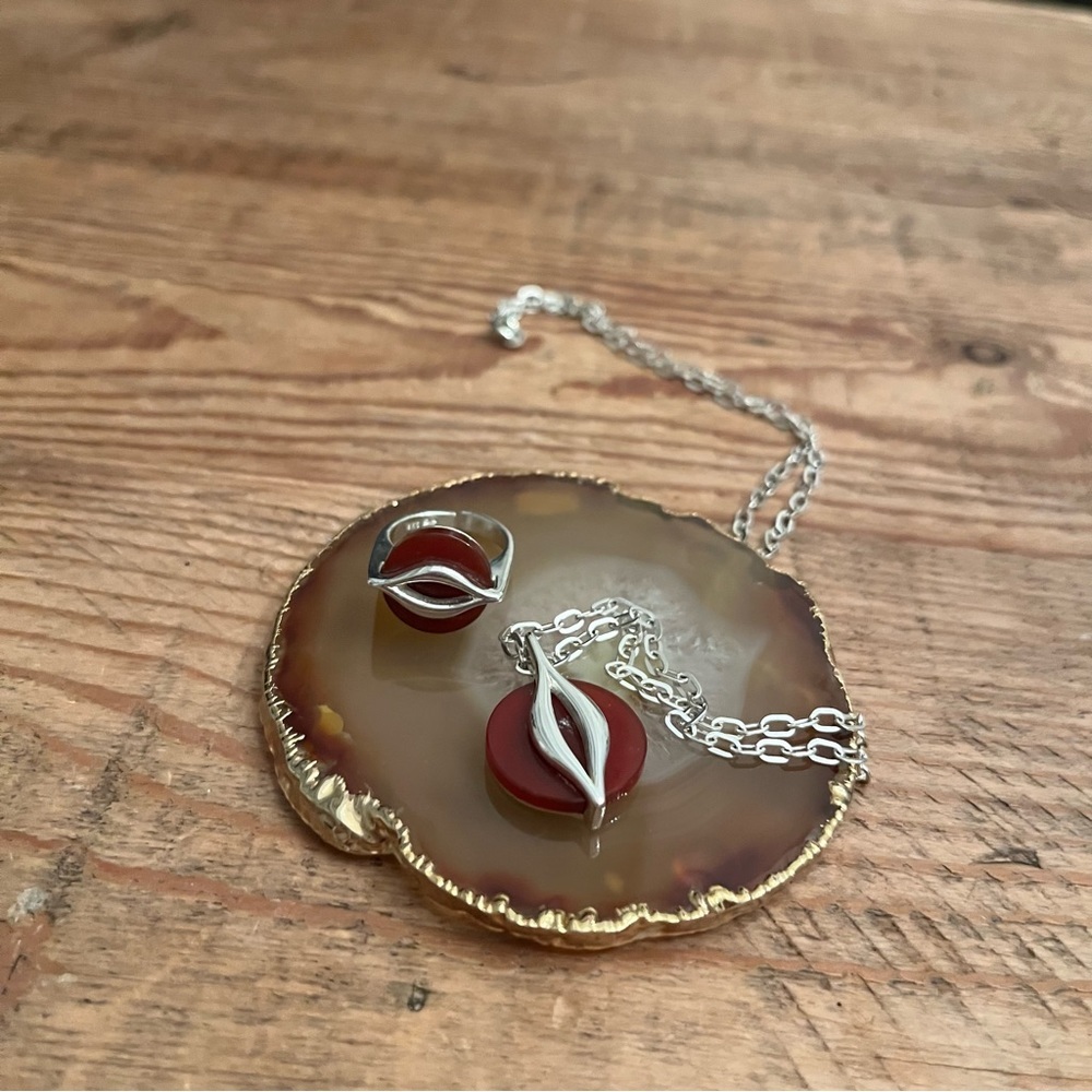 Vintage .925 Ring & Necklace set w/ Carnelian reminds me of Cartier *marked - Picture 2 of 13